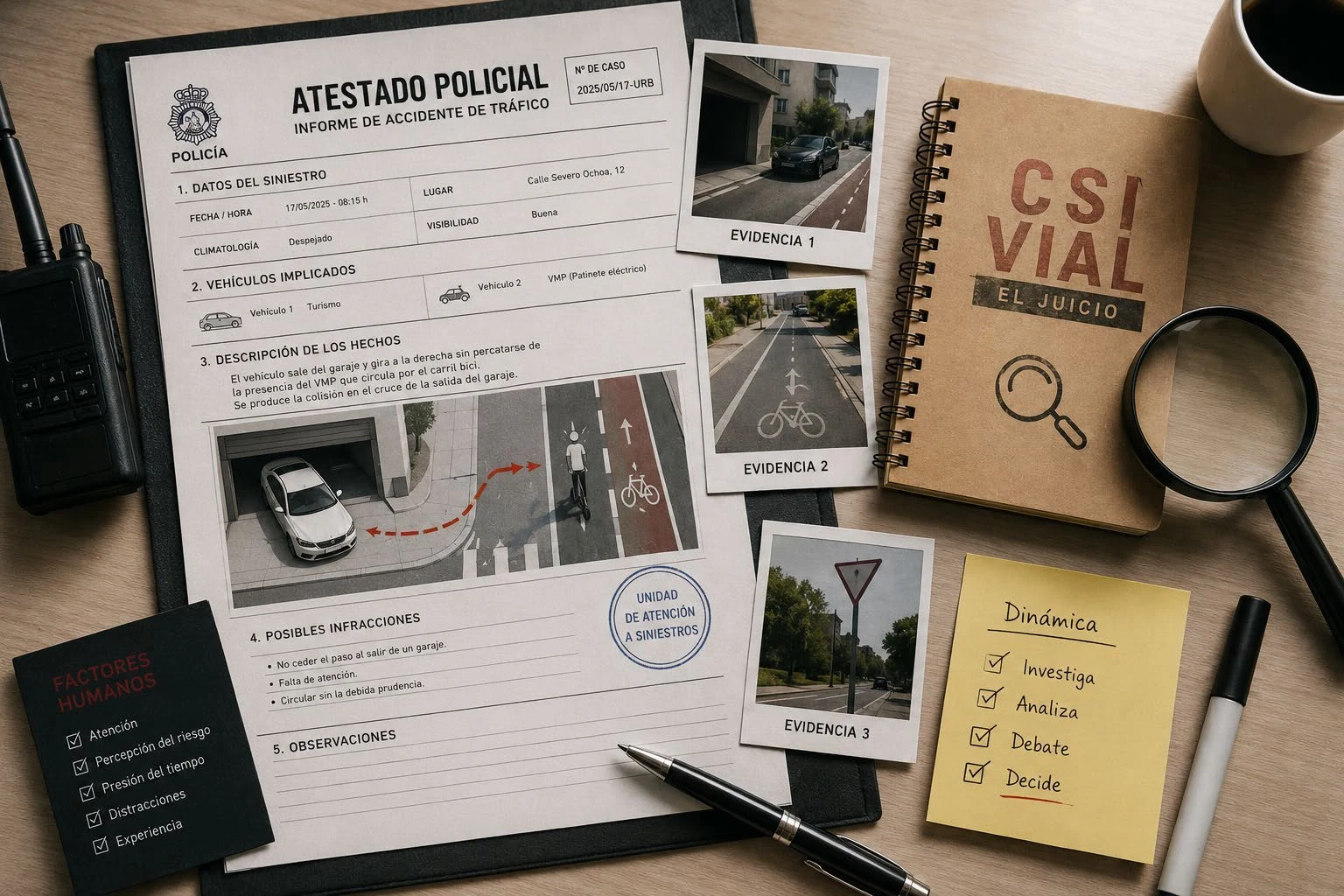 Material del taller CSI Vial: atestado simulado, pistas y cuaderno de investigación